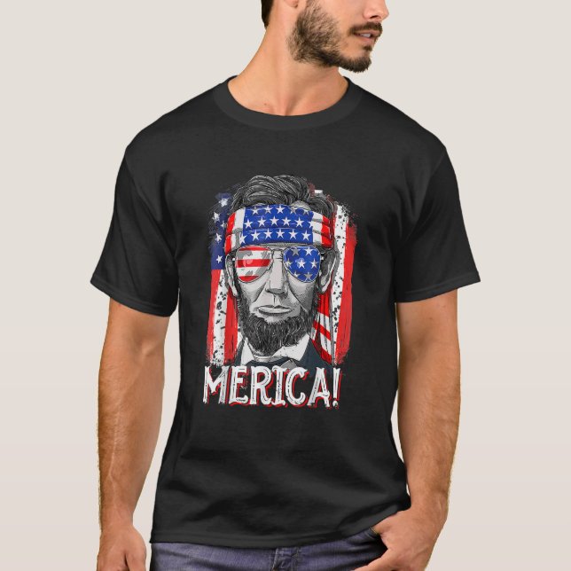 T-shirt Merica Abe Lincoln 4 juillet Hommes Drapeau Améric (Devant)