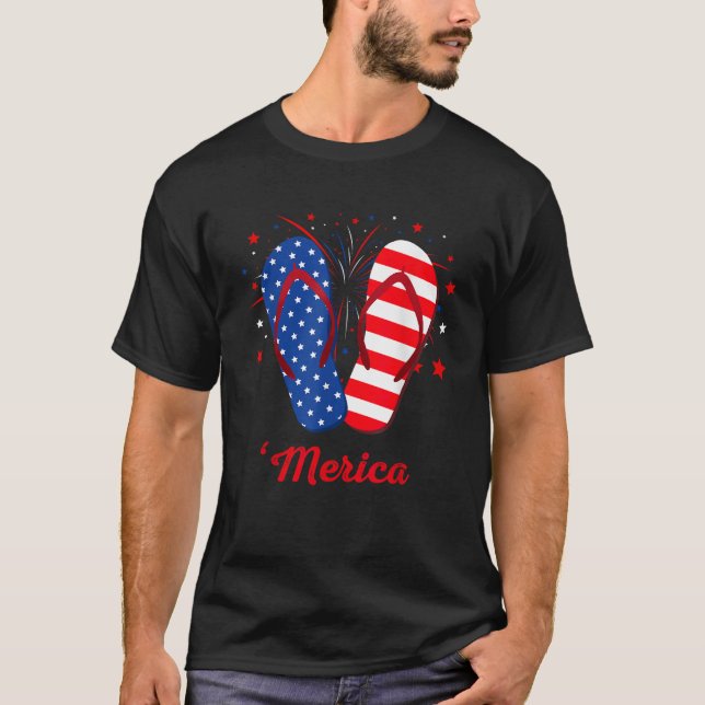 T-shirt Merica Flip Flops Lover USA Flag Fireworks 4th Of (Devant)
