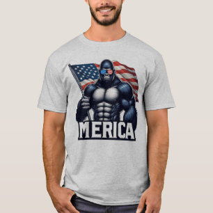 T-shirt MERICA – Gorille Patriote Tenant le Drapeau Améric