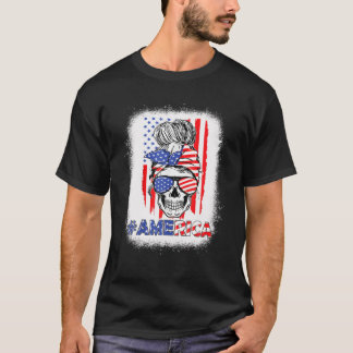 T-shirt Merica Messy Bun Skull 4Th Of July American Flag W