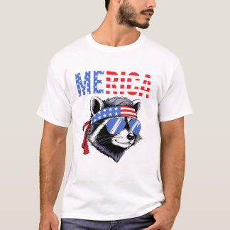 T-shirt Merica Raccoon USA Flag Bandana Sunglasses Funny 