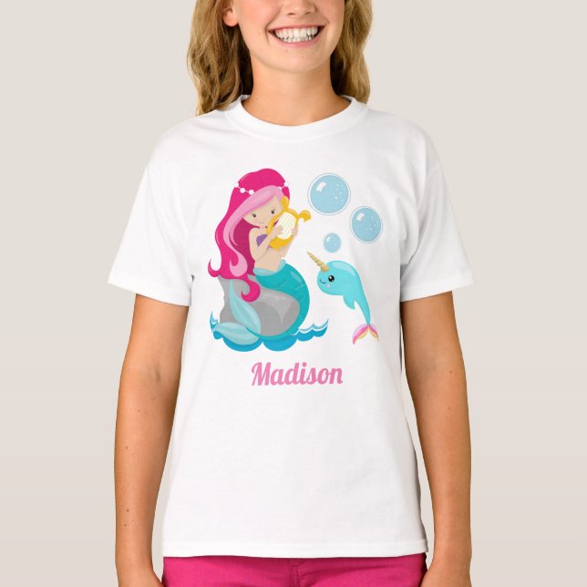 T-shirt Mermaid Girl Cute Beach Anniversaire Monogram Kids (Devant)