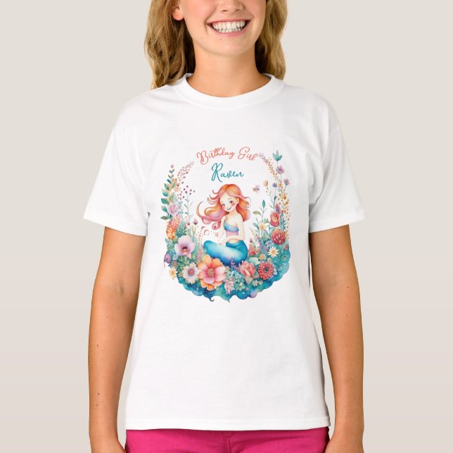 T-shirt Mermaid Thème Floral Girl'Anniversaire Birl (Devant)