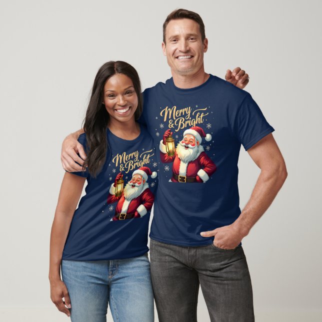 T-shirt Merry Bright Santa Holding Lantern Illustration (Unisexe)
