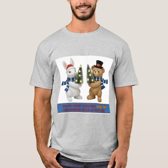 T-shirt Merry Christmas Bunny and Bear Holding Trees T-Shi (Devant)