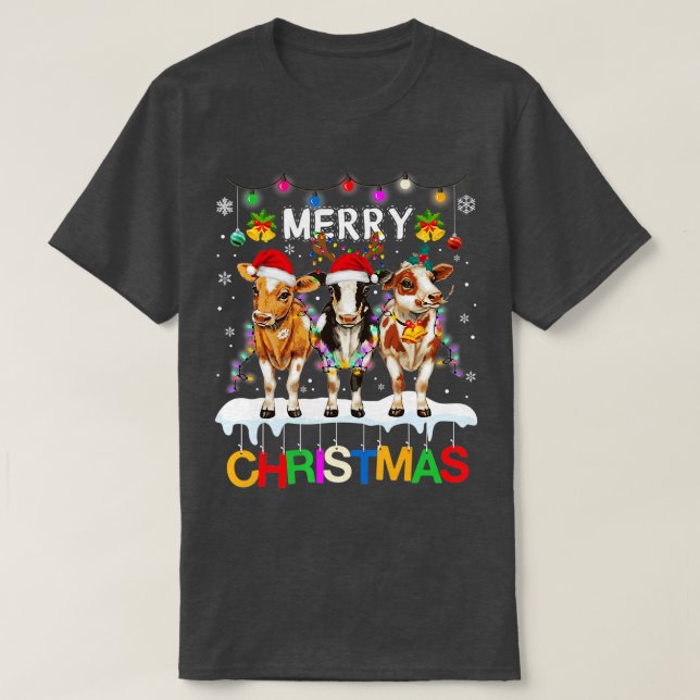 T-shirt Merry Christmas Cow Shirt Farmer Santa Hat Xmas Li (Design devant)