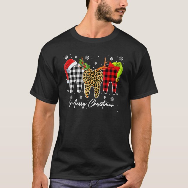 T-shirt Merry Christmas Leopard Plaid Teeth Santa Reindeer (Devant)