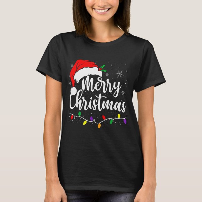T-shirt Merry Christmas Lights Red Santa Hat Xmas Family M (Devant)