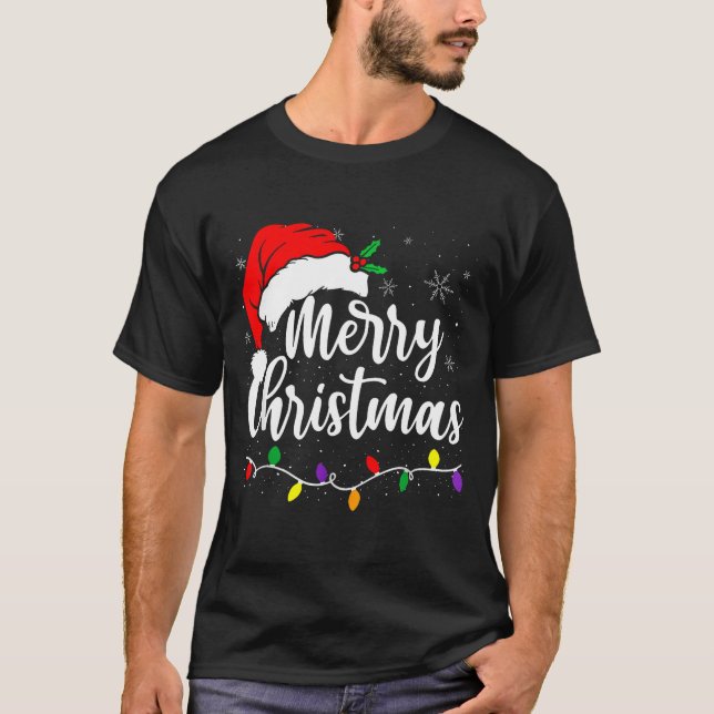T-shirt Merry Christmas Lights Red Santa Hat Xmas Family M (Devant)