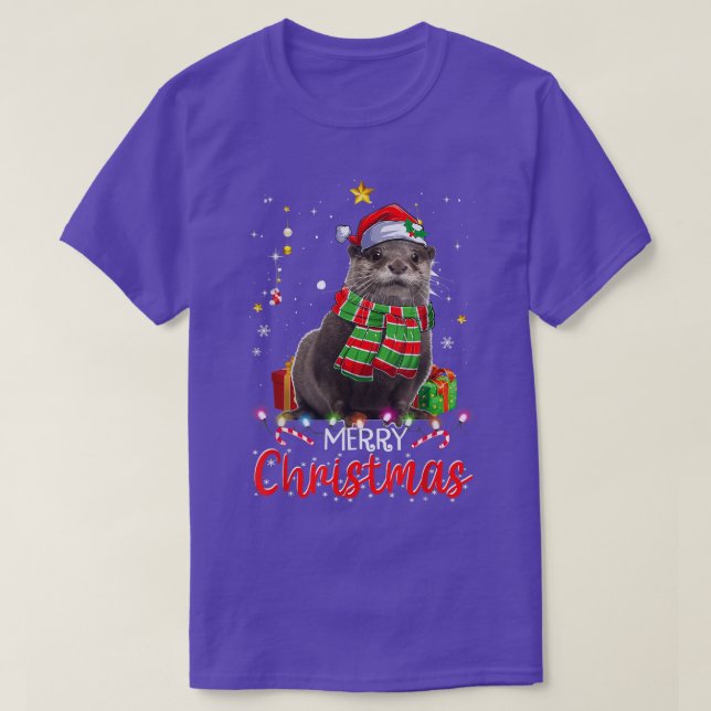 T-shirt Merry Christmas Otter Santa Hat Tree Lights Pajama (Design devant)
