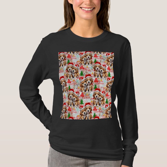 T-shirt Merry Christmas Santa Hat Dog Puppy Design - White (Devant)