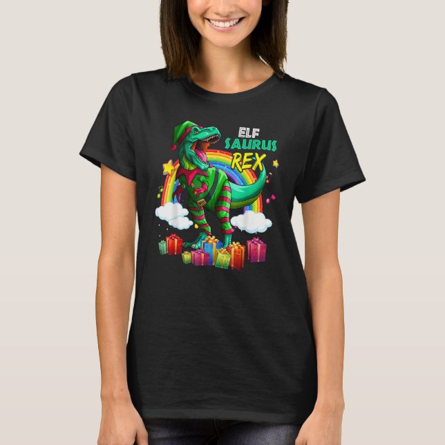 T-shirt Merry Christmas Santa Rainbow Elf Saurus Rex (Devant)