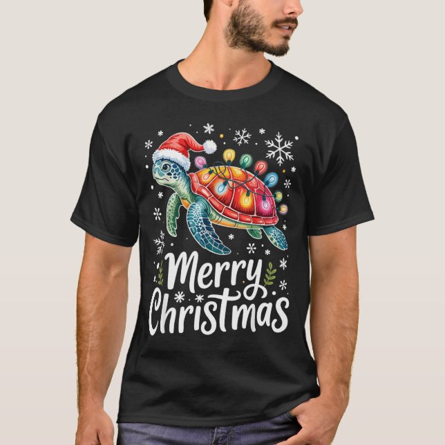 T-shirt Merry Christmas Sea Turtle Christmas Lights Santa  (Devant)