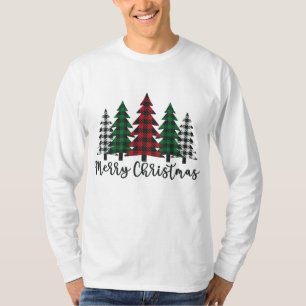 T-shirt Merry Christmas Tree Buffalo Plaid Red White Green