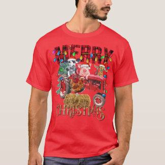 T-shirt Merry Christmas Tree Red Tractor Lighting Farmer C