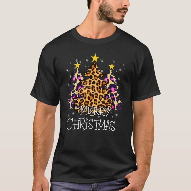 T-shirt Merry Christmas Trees with Leopard Pink (Devant)