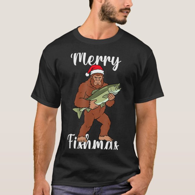 T-shirt Merry Fishmas Bigfoot Fishing Funny Sasquatch Sant (Devant)