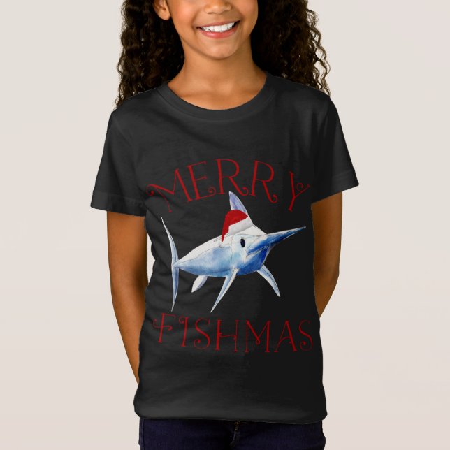 T-Shirt Merry Fishmas Marlin Santa Hat Noël (Devant)