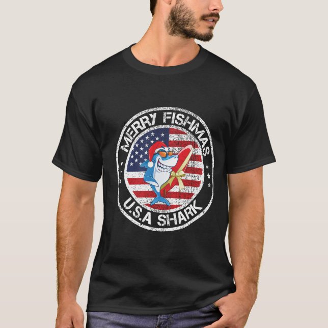 T-shirt Merry Fishmas USA Drapeau Grand requin blanc (Devant)