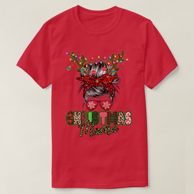 T-shirt Merry Mama Noël Messy Bun Dames Red Plaid Le (Design devant)