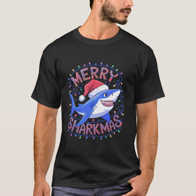 T-shirt Merry Sharkmas Funny Noël Shark Santa Hat Lig (Devant)