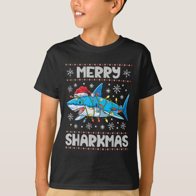 T-shirt Merry Sharkmas Sharkmas Père Noël laids lumières d (Devant)