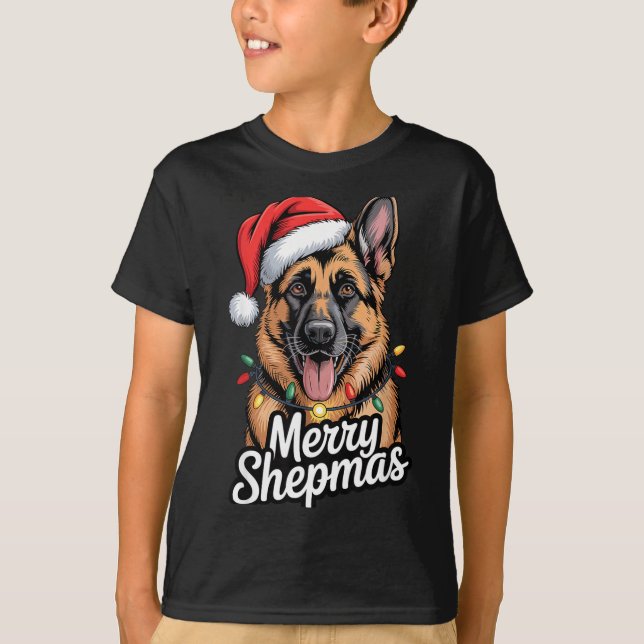 T-shirt Merry Shepmas German Shepherd Christmas Lights Hum (Devant)