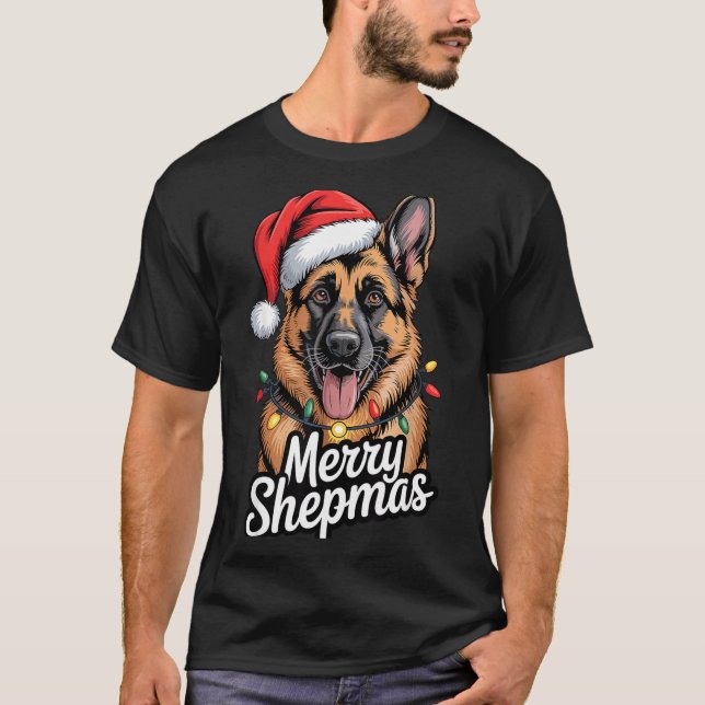 T-shirt Merry Shepmas German Shepherd Christmas Lights Hum (Devant)