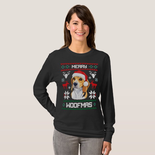 T-shirt Merry Woofmas, chien Beagle (Devant entier)