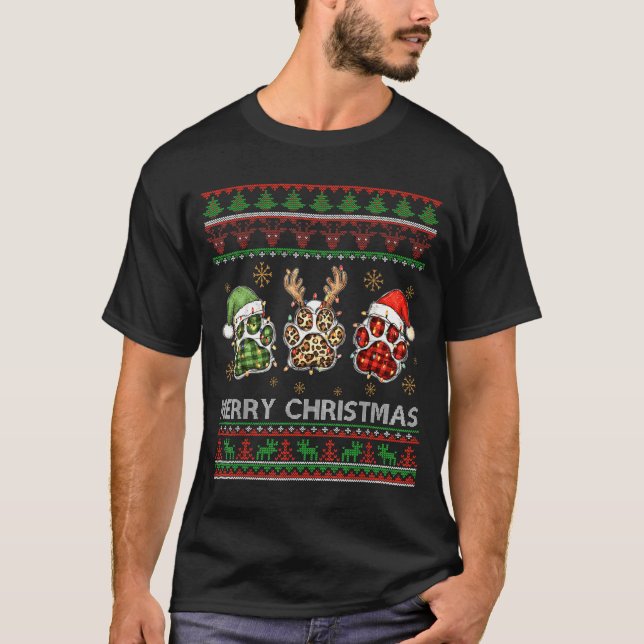 T-shirt Merry Woofmas Christmas Dog Paws Leopard Ugly Swea (Devant)