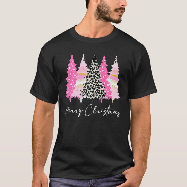 T-shirt Mesdames Joyeux Xmas Pink Trees Leopard mignon (Devant)