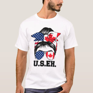 T-shirt Messy Bun American Canadian Drapeau Lunettes de so