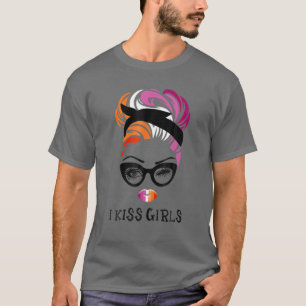 T-shirt Messy Bun Cheveux I Kiss Girls Mom LGBT Lesbian Ra