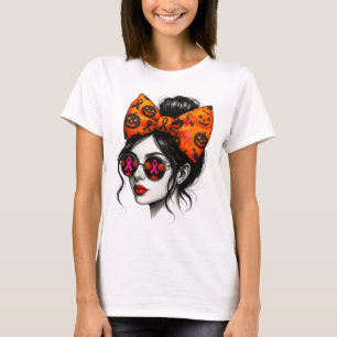 T-shirt Messy Bun Girl Citrouille Scary Halloween Breast C
