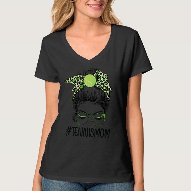 T-shirt Messy Bun Hair Tennis Maman Joyeuse Fête des Mères (Devant)