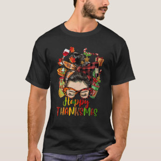 T-shirt Messy Bun Joyeux Thanksmas Halloween Thanksgiving 