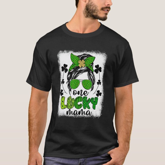 T-shirt Messy Bun Leopard St Patrick's Day One Lucky Mama (Devant)