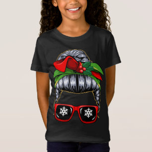 T-Shirt Messy Bun Maman Noël Pajama mignonne X-Mas Wreath 