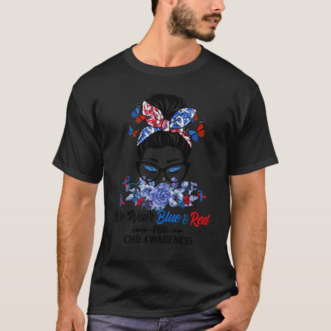 T-shirt Messy Bun Nous Portons Rouge Bleu Pour La Sensibil (Devant)