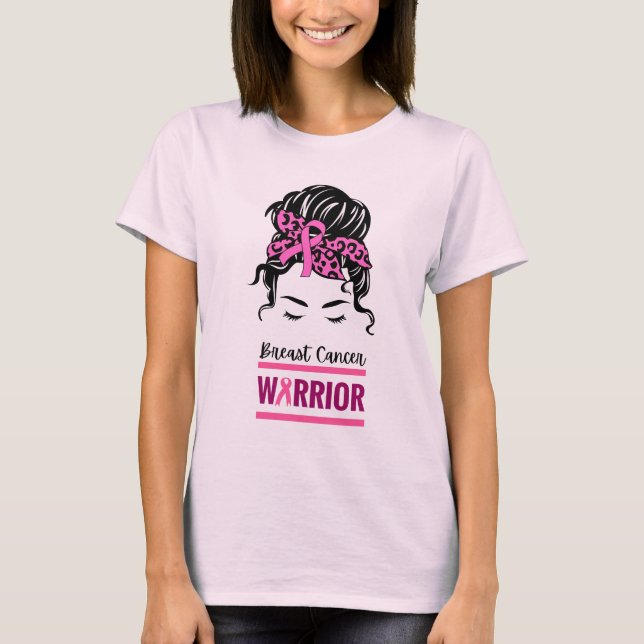 T-shirt Messy Bun rose guerrier Conscience du cancer du se (Devant)