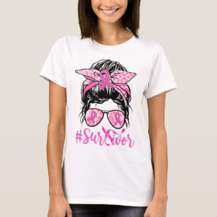T-shirt Messy Bun rose Ruban Leopard Cancer du sein guerri