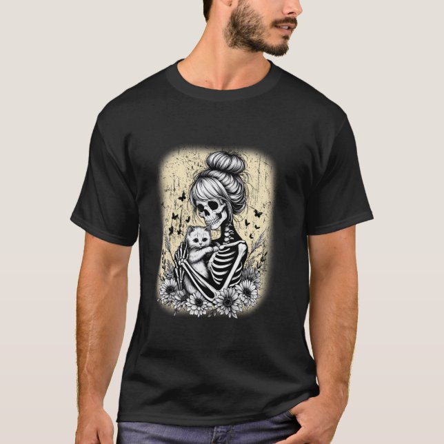 T-shirt Messy Bun Skeleton Cute Kitten Amoureux de les cha (Devant)
