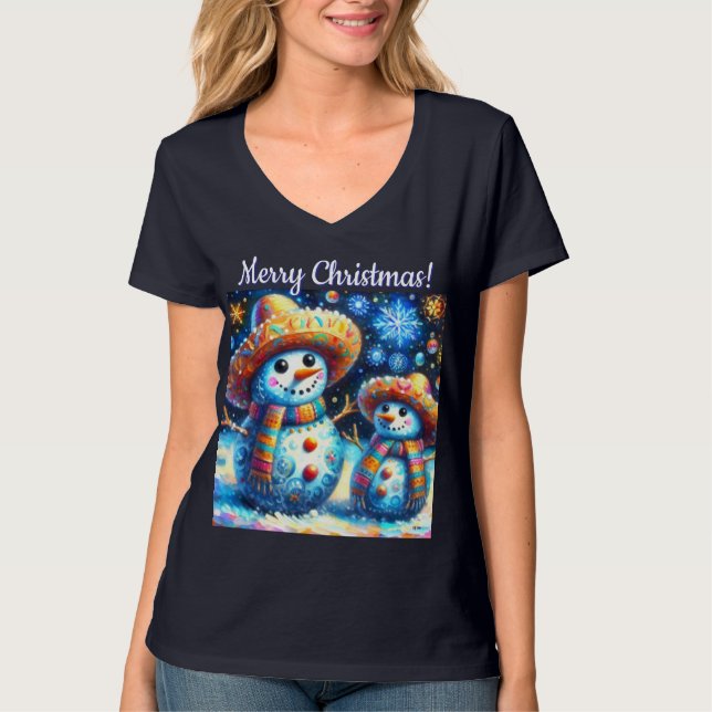 T-shirt Mexican Folk Art Snowmen Snowman Personalized (Devant)