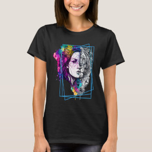 T-shirt Mi-Lion Mi-Femme Synthwave Cristaux Gros Chat