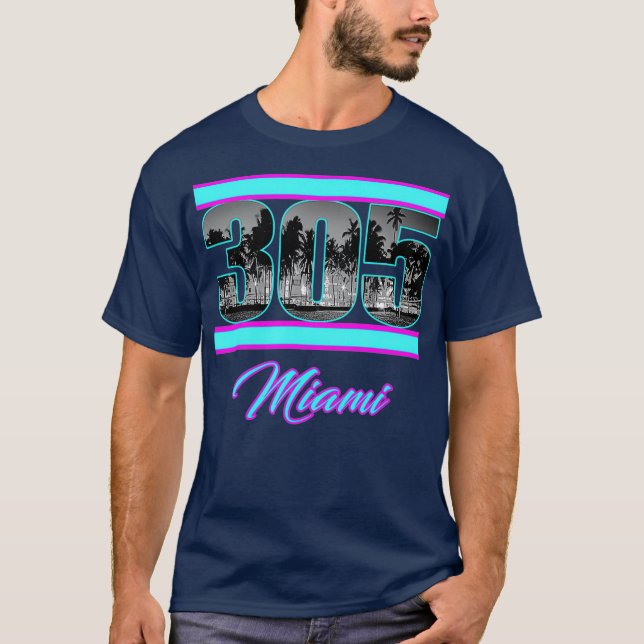 T-shirt Miami Retro 305 South Beach View 80s Pink  Blue (Devant)