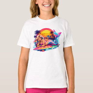 T-shirt Miami Sunset Sirène - Planche de Surf Rétro Tropic