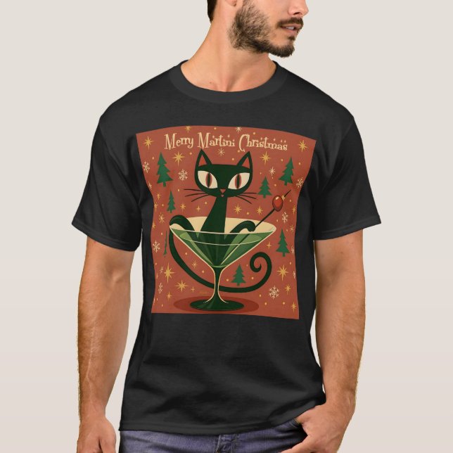 T-shirt Mid Century Black Cat Merry Martini Christmas (Devant)