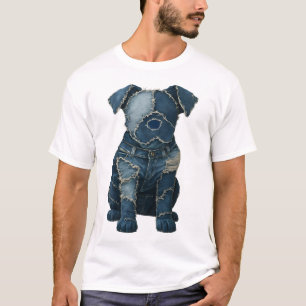 T-shirt mignon avec patchwork en jean et chien