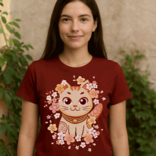 T-shirt Mignon chat Neko japonais avec des fleurs de ceris