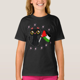 T-shirt mignon chat noir tient drapeau de la Palestine
